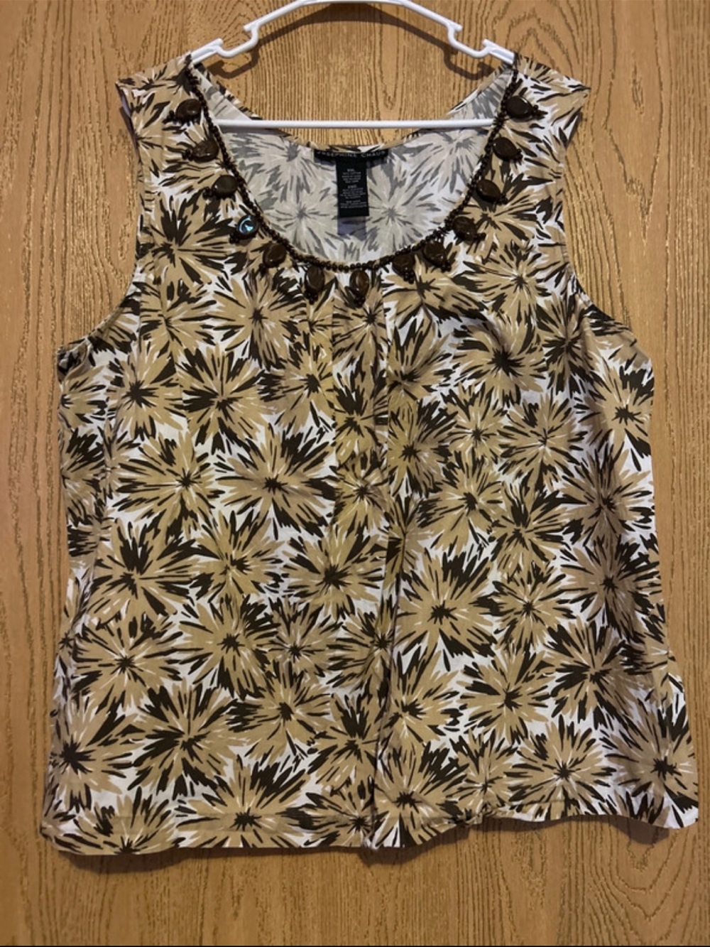 Josephine Chaus Beige and Brown Floral Beaded Scoop Neck Tank
